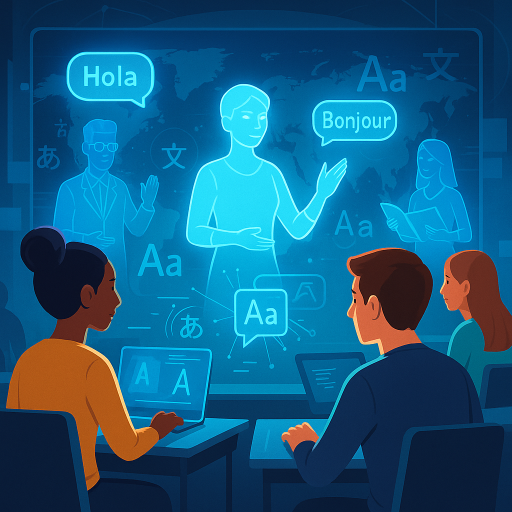 Sleek digital collage of five futuristic AI language learning apps with holographic icons above a smartphone and laptop, set in a bright modern workspace with glowing multilingual characters.